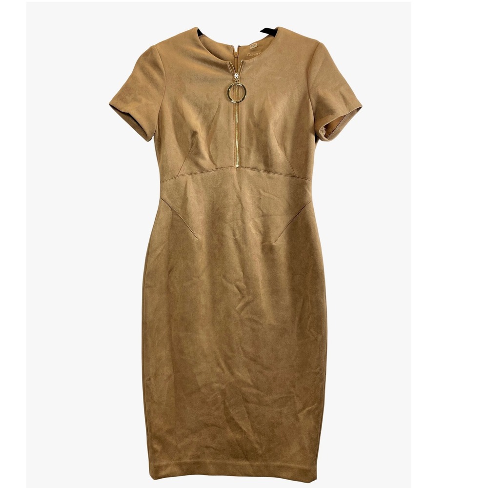 Calvin Klein Women Size 4 Tan Suede Sheath Dress Zipper Ring‎ Short Sleeve
